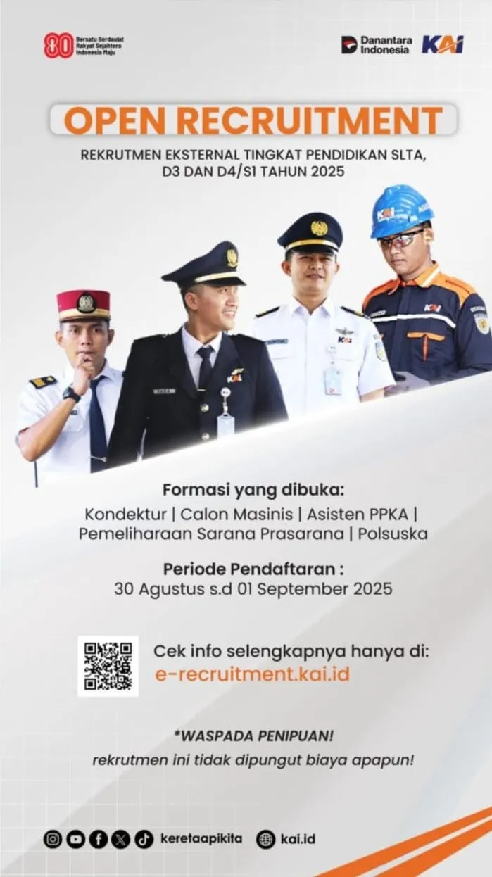 PT KAI Buka Rekrutmen 2025 untuk Lulusan SLTA hingga S1