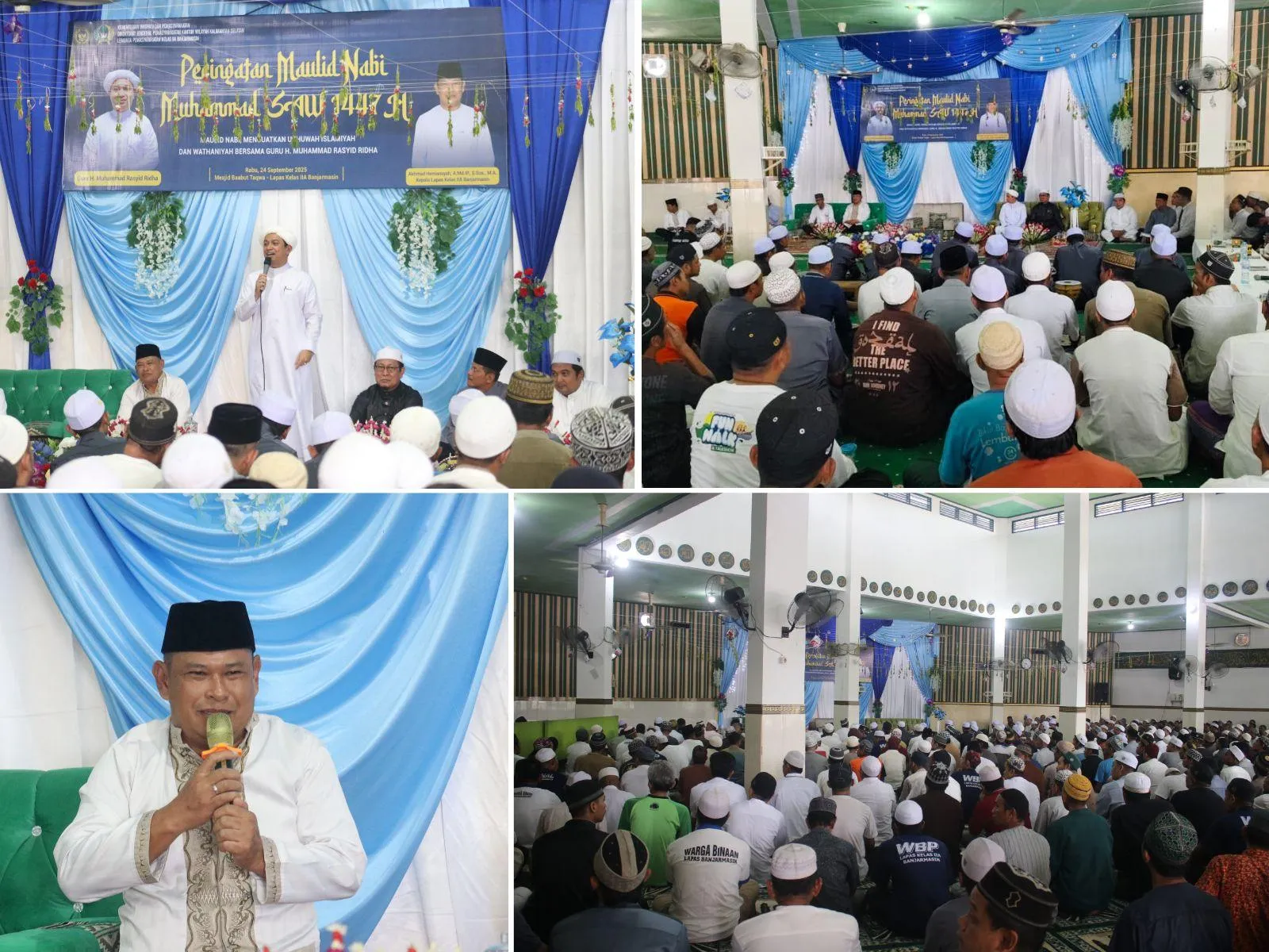 Peringatan Maulid Nabi di Masjid Baabud Taqwa Lapas Banjarmasin dihadiri Kalapas, pejabat, staf, dan ribuan WBP dengan suasana khidmat. (Dok: Humas Lapas Banjarmasin)