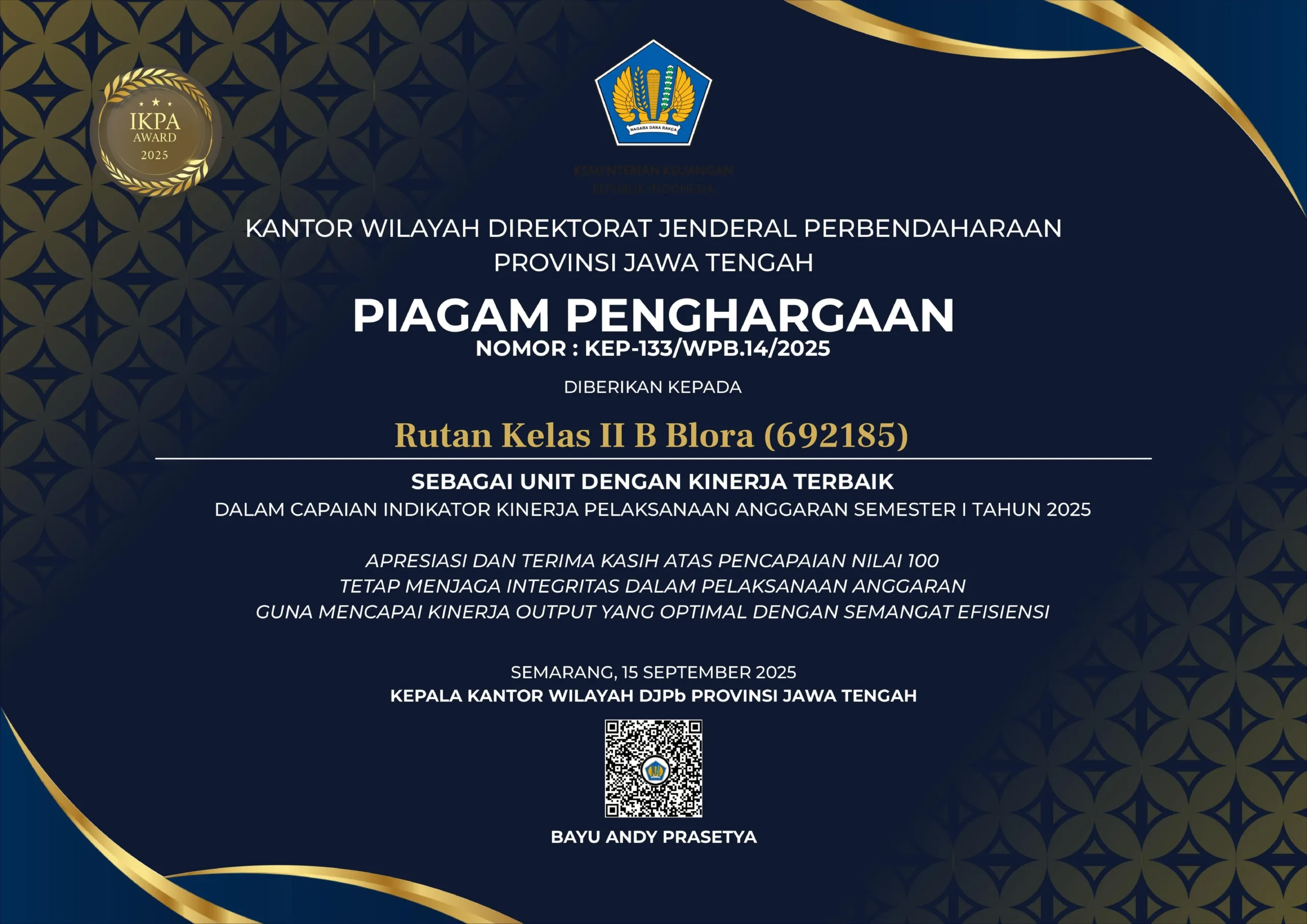 Rutan Blora Raih Penghargaan Kinerja Anggaran Terbaik 2025
